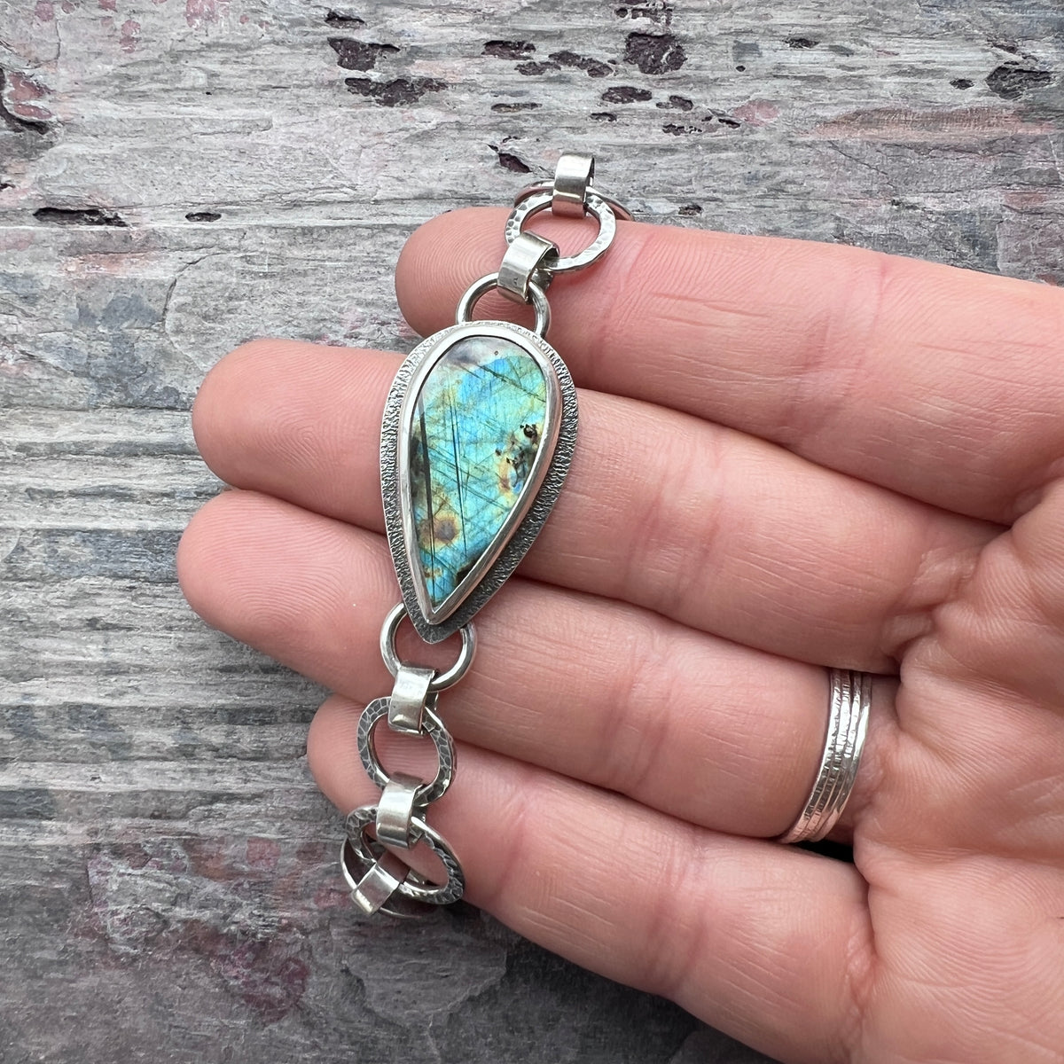 Labradorite Sterling Silver Bracelet | One-of-a-kind Natural Stone Hammered Link Bracelet