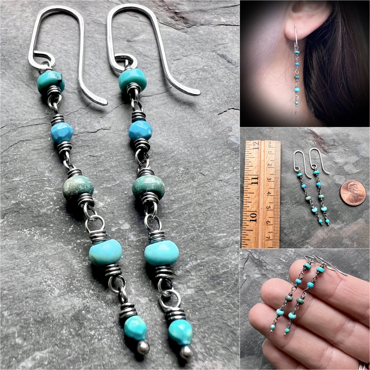 Genuine Turquoise Sterling Silver Earrings | Mixed Natural Stone Long Dangle Earrings