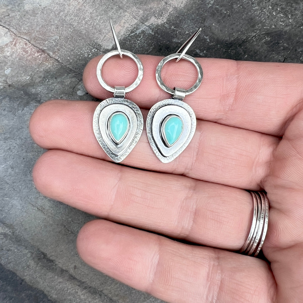 Turquoise Sterling Silver Teardrop Earrings | Genuine Natural Turquoise Cabochon Dangle Earrings