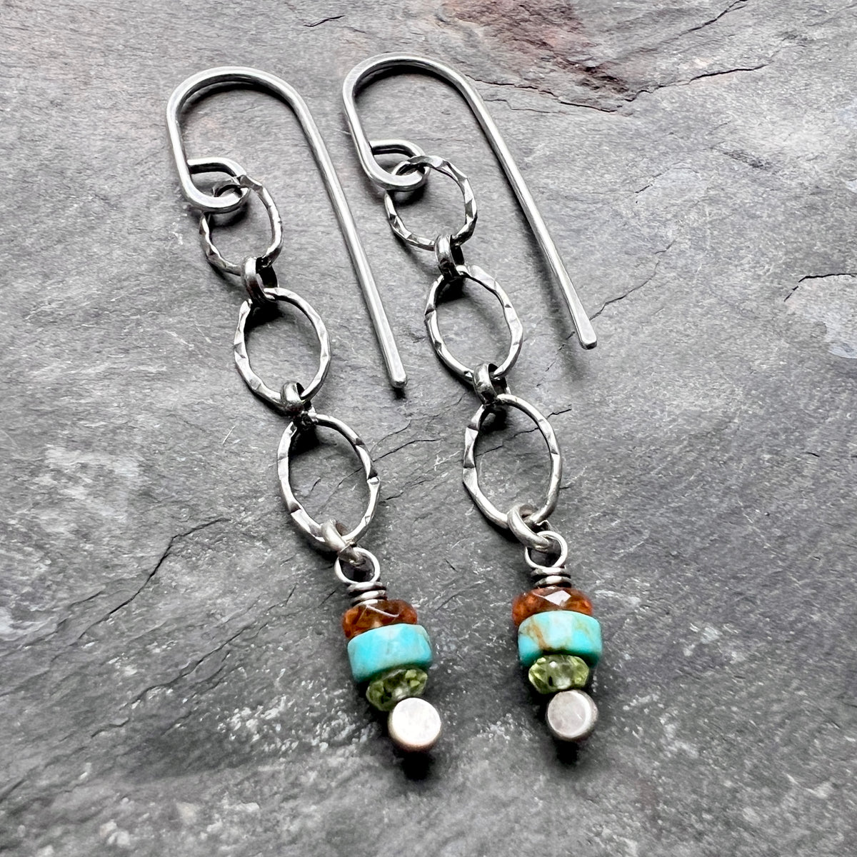 Peridot, Turquoise, Garnet, and Sterling Silver Lightweight Dangle Earrings
