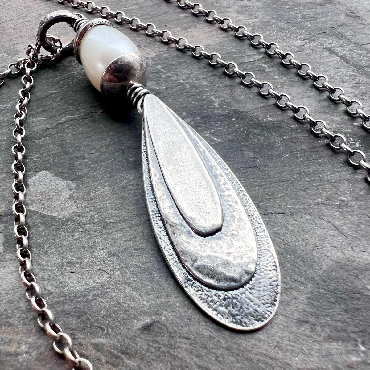 Sterling Silver Teardrop and Pearl Necklace | Hammered Teardrop and White Pearl Pendant
