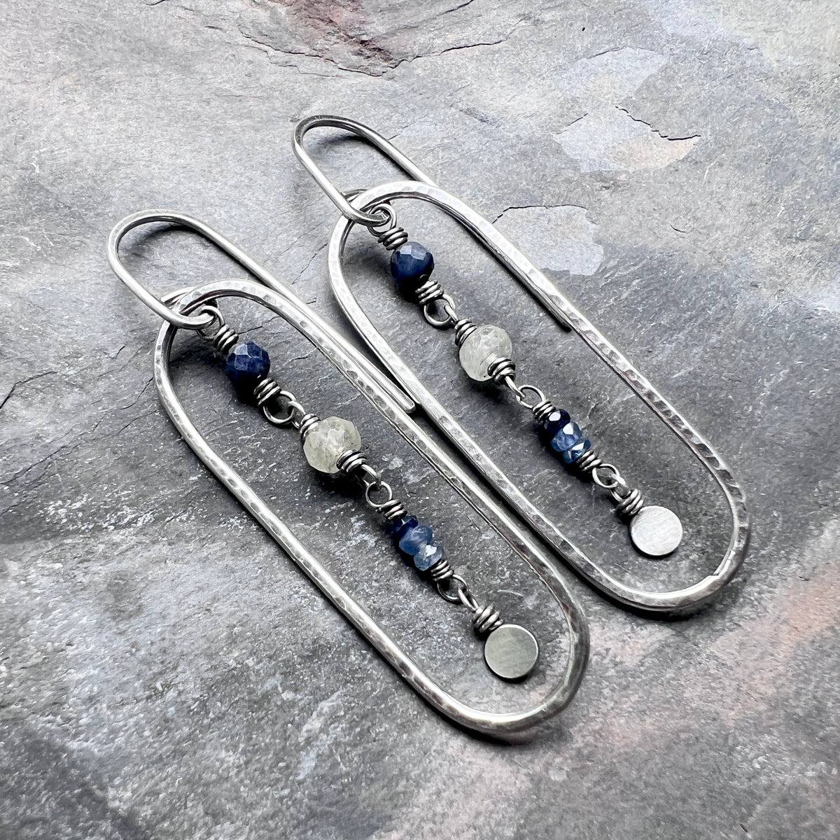 Genuine Sapphire Sterling Silver Earrings | Blue Natural Stone Hammered Oval Dangles