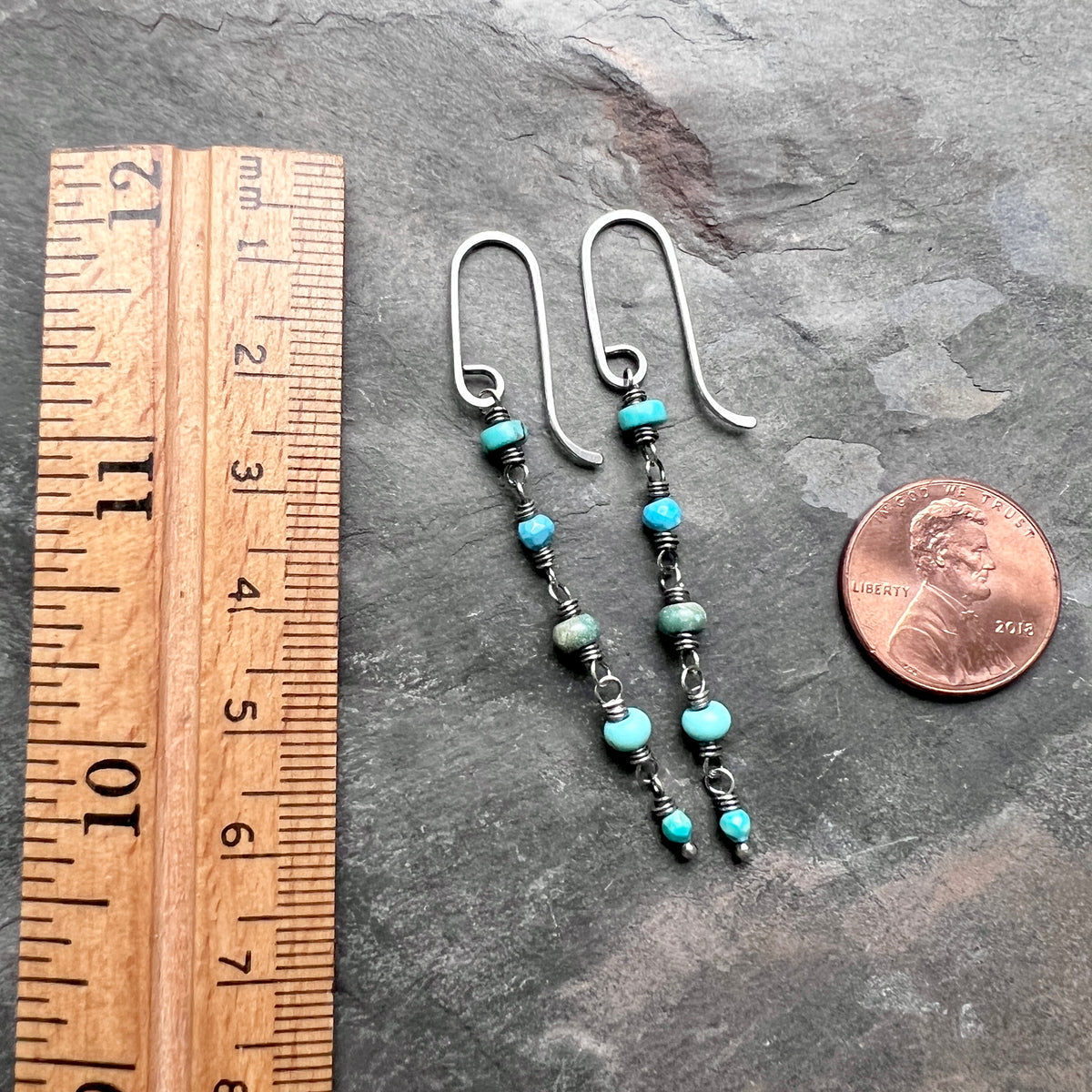 Genuine Turquoise Sterling Silver Earrings | Mixed Natural Stone Long Dangle Earrings