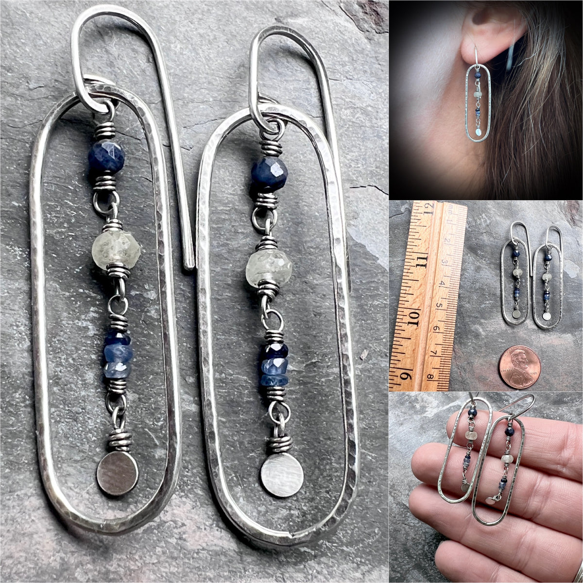 Genuine Sapphire Sterling Silver Earrings | Blue Natural Stone Hammered Oval Dangles