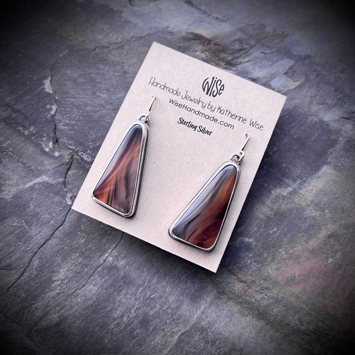 Sterling Silver Montana Agate Earrings | Brown Triangular Stone Cabochon Large Dangles