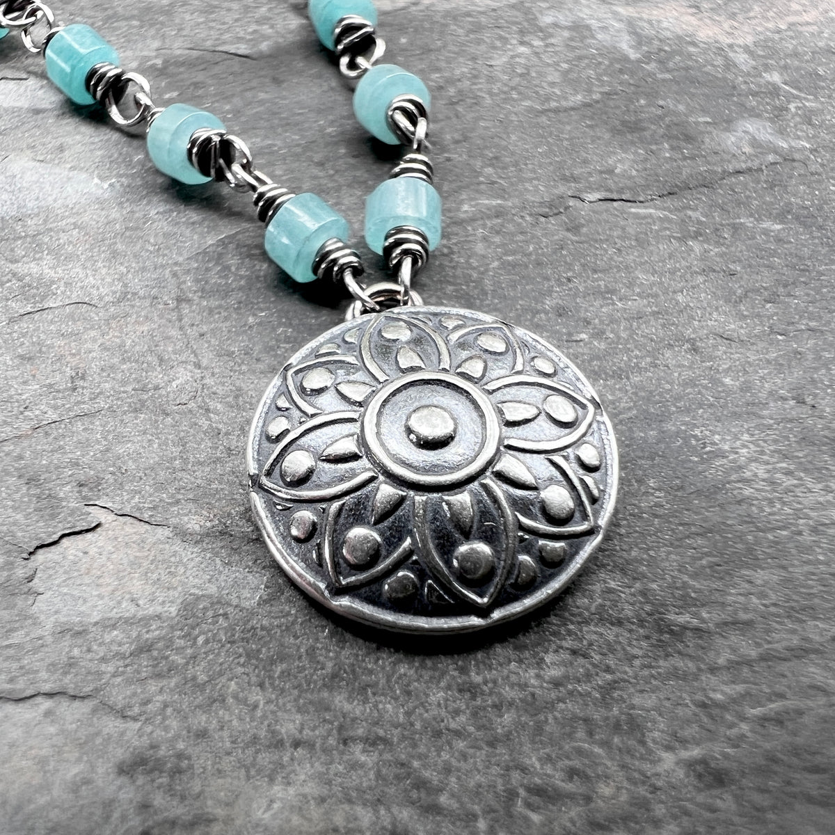 Sterling Silver Medallion and Amazonite Necklace | Natural Aqua Stones with Circle Pendant