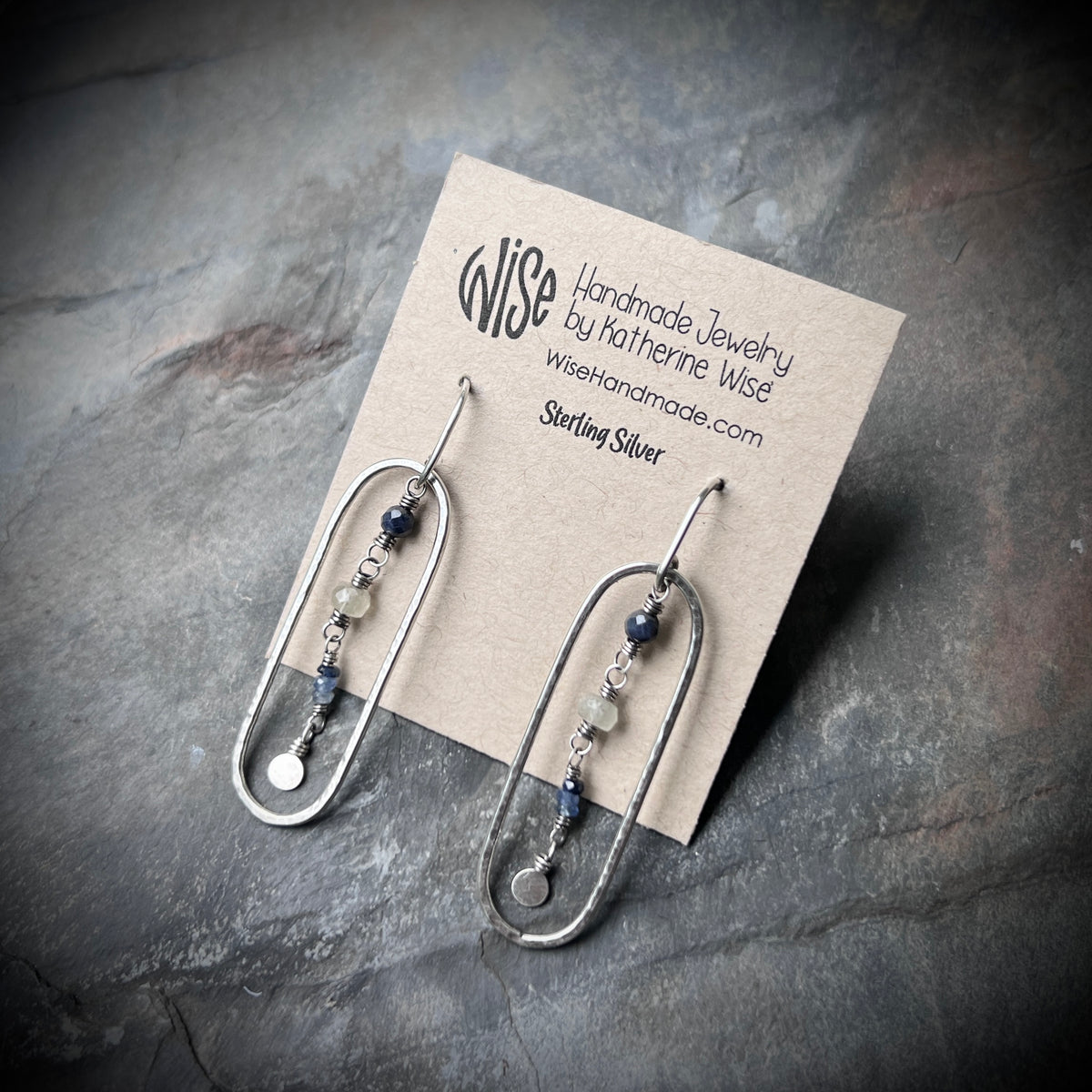 Genuine Sapphire Sterling Silver Earrings | Blue Natural Stone Hammered Oval Dangles