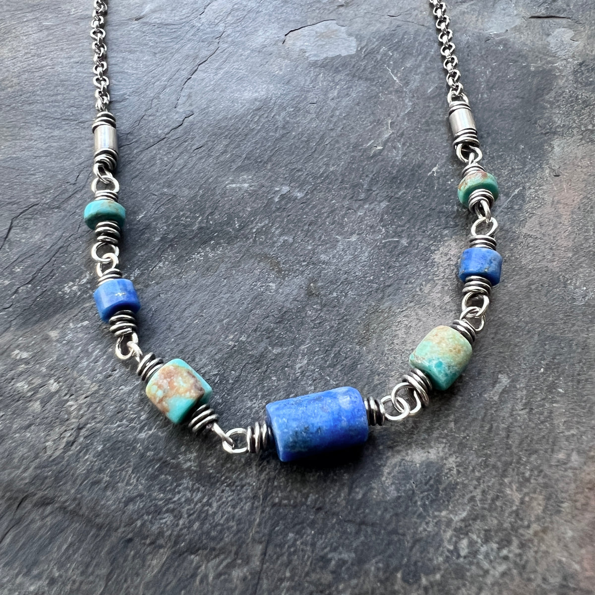 Genuine Turquoise and Lapis Lazuli Sterling Silver Necklace | Natural Stone Wire-wrapped Beaded Necklace