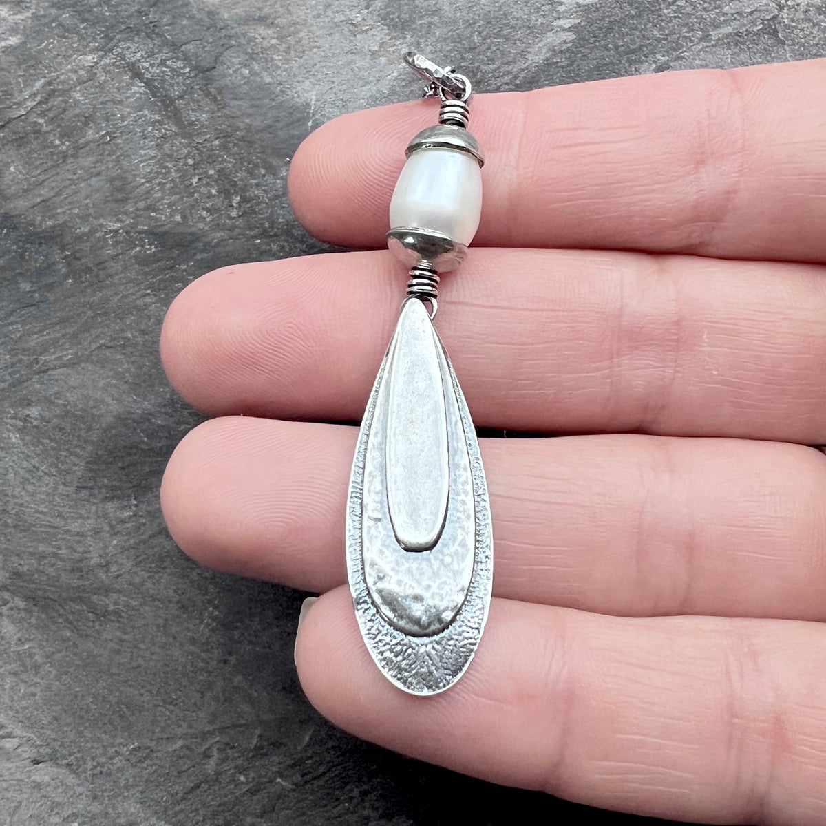 Sterling Silver Teardrop and Pearl Necklace | Hammered Teardrop and White Pearl Pendant