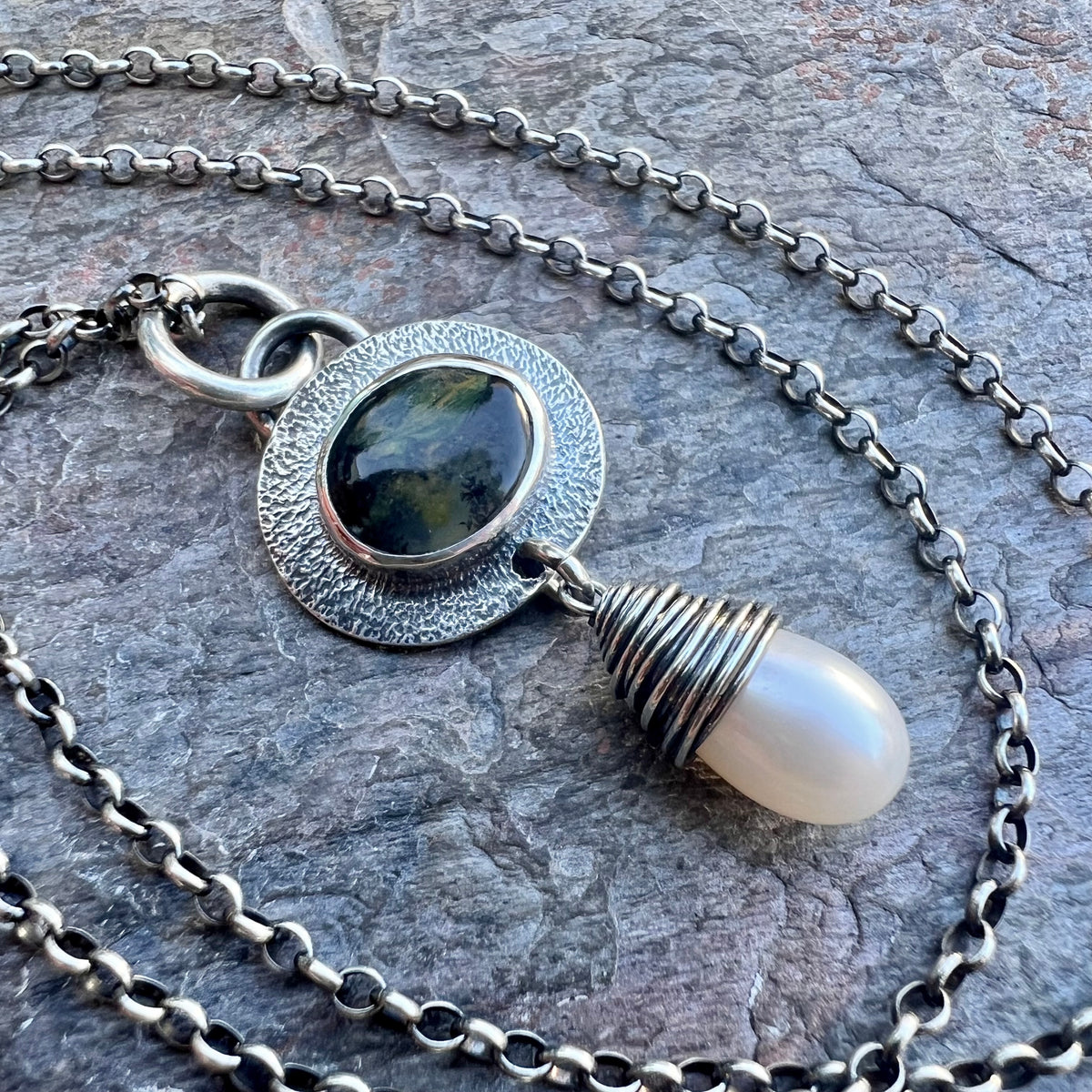 Sterling Silver Opal and Pearl Necklace - Genuine Peruvian Opal and Fresh Water Pearl Pendant - Handmade Jewelry Unique Gift for Her