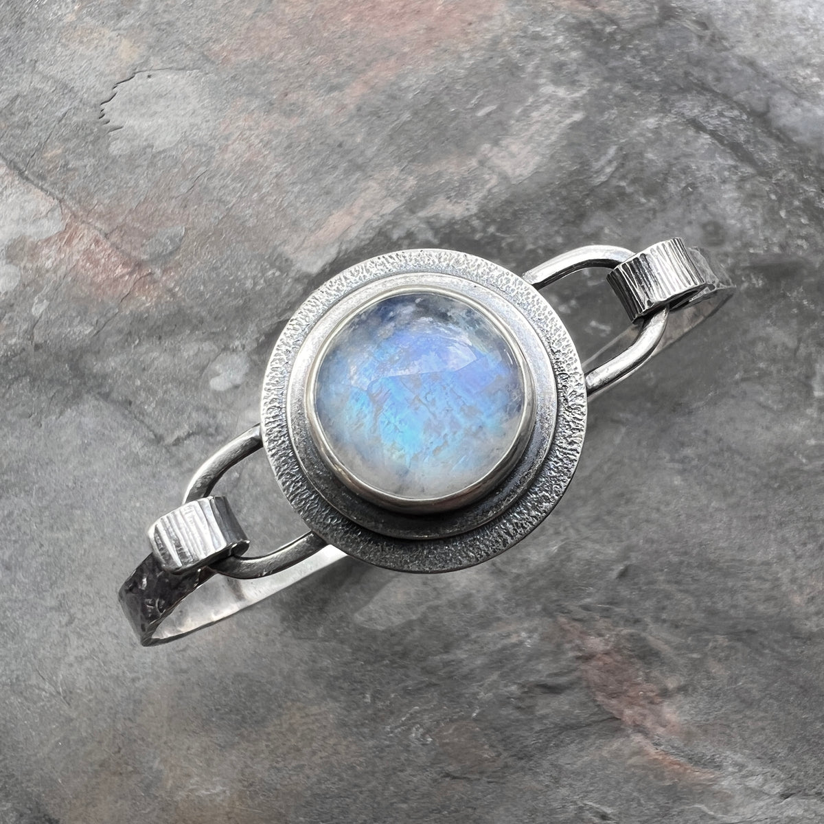 Sterling Silver Rainbow Moonstone Bracelet | Natural Stone Cabochon Silver Cuff Bracelet